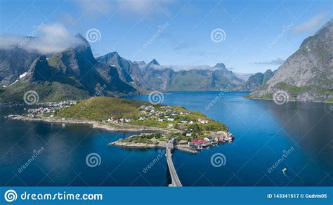 Beautiful Summer Aerial View Of Reine Norway Lofoten Islands With