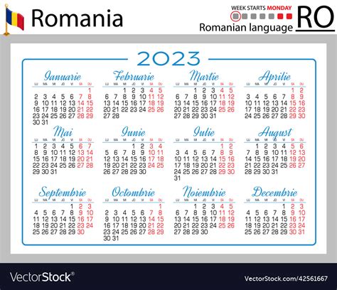Romanian Horizontal Pocket Calendar For 2023 Week Vector Image