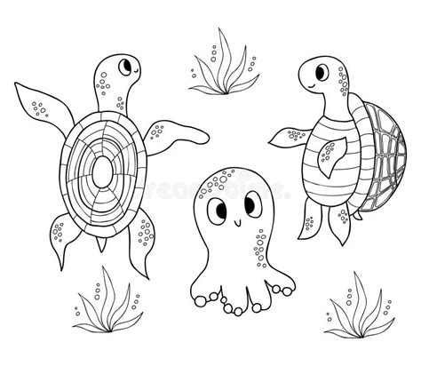 Collection Marine Underwater Animals Cute Little Octopus And Turtles