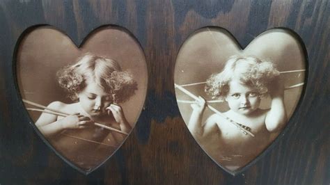 Antique Cupid Awake Cupid Asleep Double Heart Wood Frame M B Parkinson