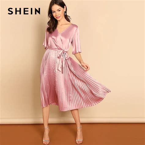 Shein Pink Party Solid Pleated Belted High Waist Wrap V Neck Long