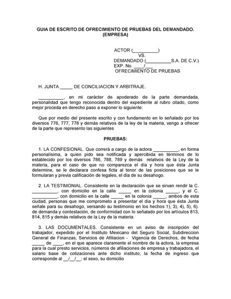 Escrito Simple De Ofrecimiento De Pruebas En Juicio Laboral Pdmrea