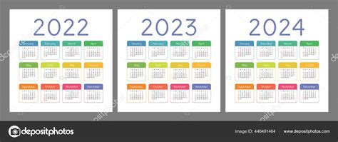 Calendar 2022 2023 2024 Years English Colorful Vector Set Square Stock
