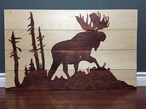 36x22 Pine Plank Art With Dark Stain Design Of Moose Art Plank Art