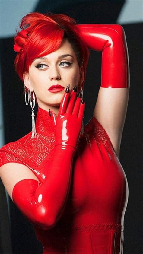 Katy Perry In Red Latex Dress Gloves To Match Her Hair Katy Perry