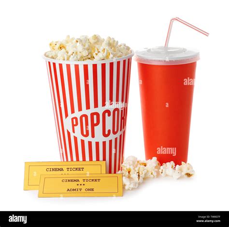 Cup With Popcorn Soda And Cinema Tickets On White Background Stock