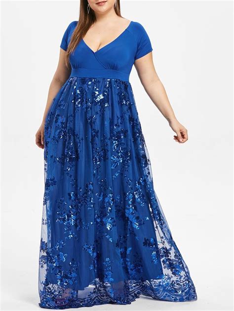 Plus Size Sequined Floral Maxi Formal Dress Cobalt Blue C