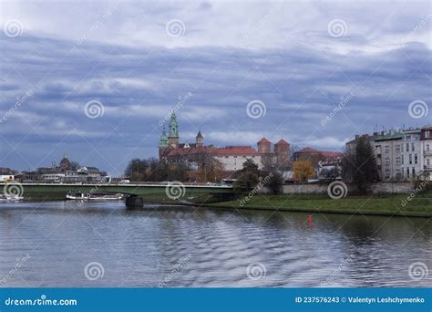 in the foreground the grunwald bridge over the vistula and the wawel castle behind editorial