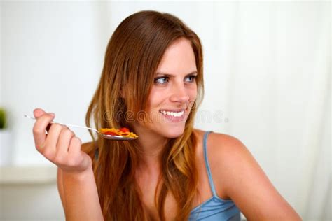 pretty blonde woman eating healthy meal stock image image of attractive cute 25360791