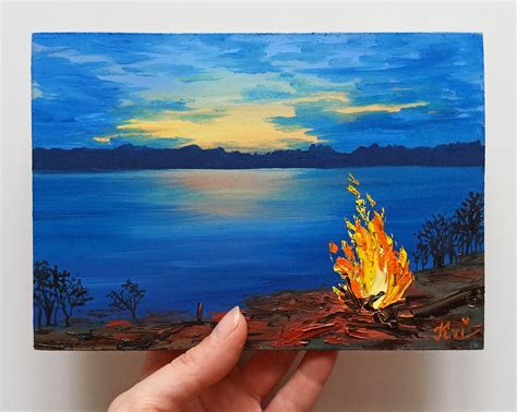 Campfire Painting Camping Artwork Impasto Forest Lake Etsy