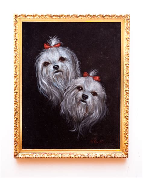 Adorable Original Vintage Black Velvet Painting W Portrait Of Two Dog