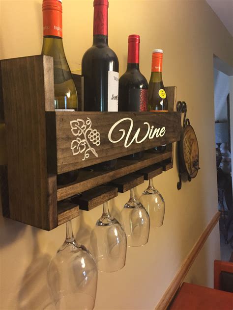 Personalized Wine Rack Engraved Carved Custom Rustic 4 Bottle Wall