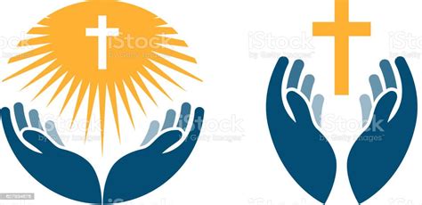 Hands Holding Cross Icons Or Symbols Religion Church Vector Logo Stock