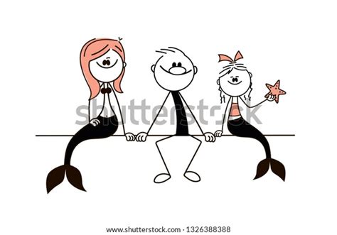 Doodle Stick Figure Two Mermaids Man Stock Vector Royalty Free
