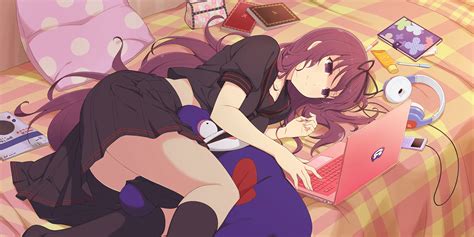 Lying Down Women Indoors Thighs Long Hair Senran Kagura Bed Anime Anime Girls School