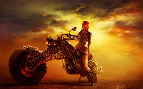 Fantasy Art Digital Art Artwork Orange Women Sunset Clouds Motorcycle Wallpapers Hd