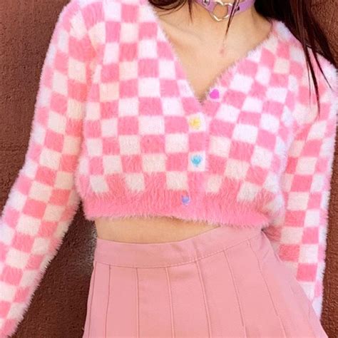 90s Babe Pink Checker Fuzzy Cardigan Skirt Outfit In 2020 Pink
