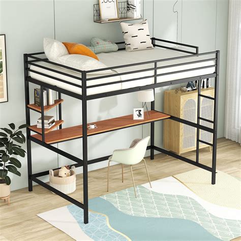 Biadnbz Metal Full Size Loft Bed With Desk And Shelveheavy Duty Bedframe With Ladderfull