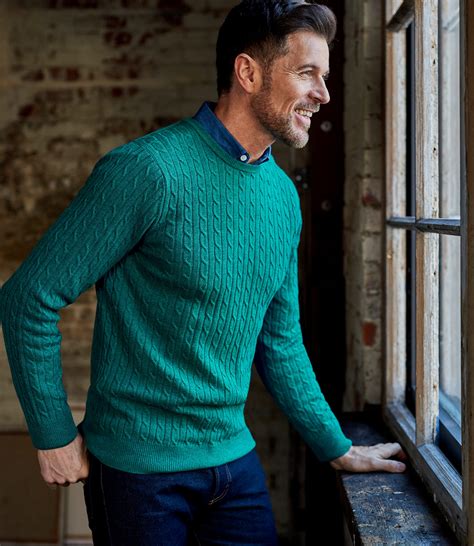 Deep Teal Marl Mens Cashmere And Merino Cable Crew Neck Sweater
