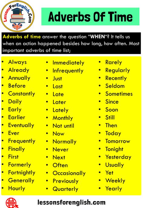 Learn more about the types of adverbial phrases and clauses. Adverbs Of Time, Definition and 51 Example Words - Lessons For English