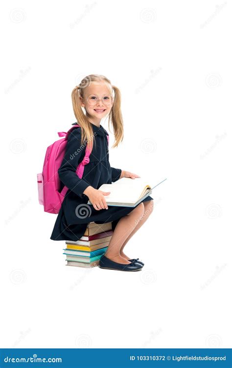 Schoolgirl Sitting On Stack Of Books Stock Photo Image Of Stack