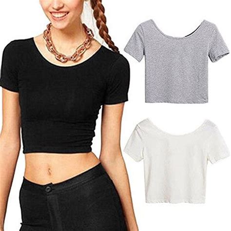 Womens Sexy Casual Solid Short Sleeve Crop Top Slim Fit Bare Midriff T Shirt In T Shirts From