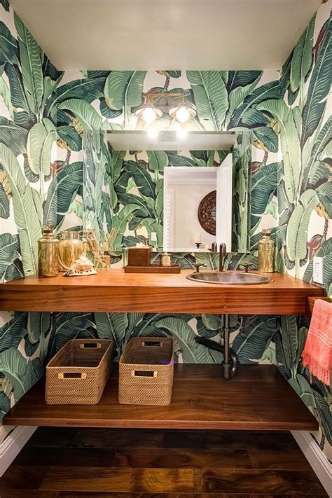 25 Chic Ways To Use Wallpaper In A Guest Bathroom Tropical Home Decor