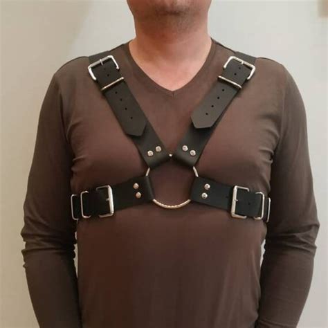 Mens Black Leather Chest Harness With Buckles Leather Fetish Etsy