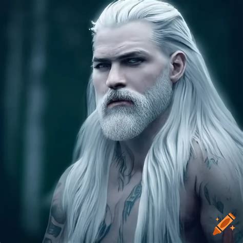 Homme, cheveux blancs, barbe blanche, nordique, forêt, tatouages