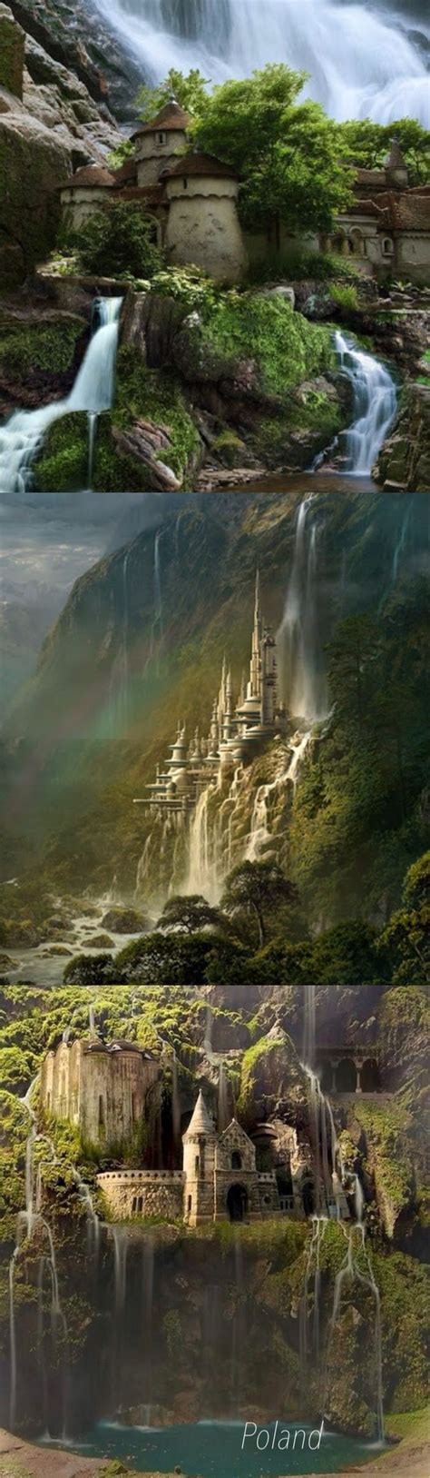 An Image Of A Castle In The Middle Of A Forest With Waterfalls And Trees