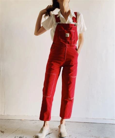 Womens Knee Patch Overalls Red Denim Hey Gang Color Combos Outfit
