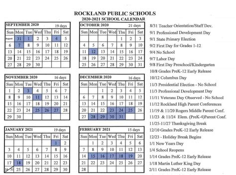 Approved 2020 2021 School Calendar Rockland Public Schools