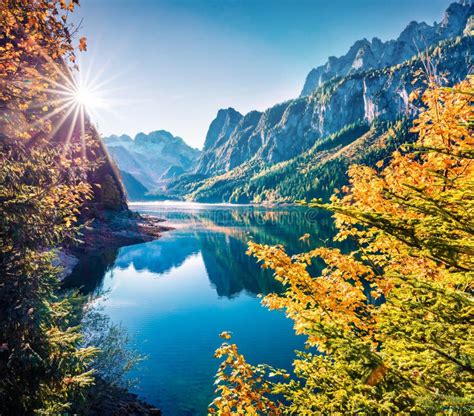 Perfect Autumn Scene Of Vorderergosausee Lake Impressive Morning View