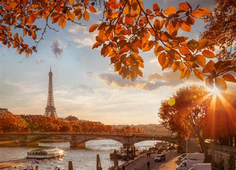 Paris With Eiffel Tower Against Autumn Leaves In France Stock Image