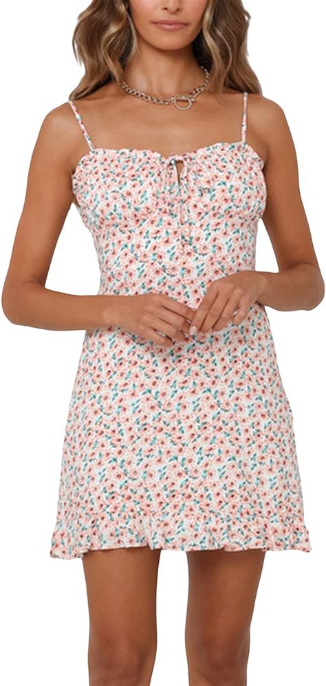 Women Summer Dresses Floral Sleeveless Spaghetti Strap Short Mini Dress Tie Front Bodycon Wrap