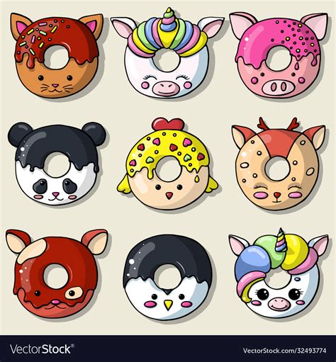 Glazed Cute Doughnut Animals Set Isolated Donuts Vector Image