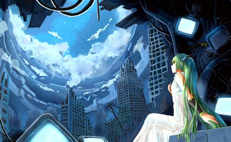 Green Haired Girl In White Dress Looking Up In The Sky Anime Movie