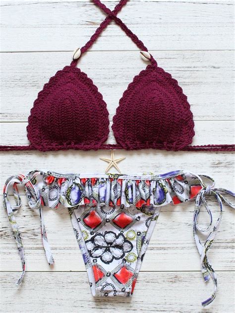 [67 off] printed flounced hand crochet halter bikini rosegal