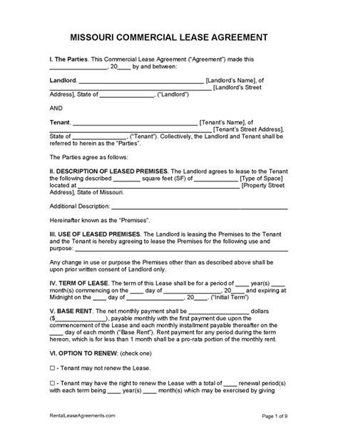 Free Missouri Commercial Lease Agreement Pdf Ms Word