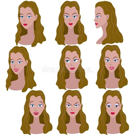 Set Of Variation Of Emotions Of The Same Girl With Brown Hair Stock Vector Illustration Of