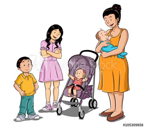 Ilustración De Mujer Embarazada Con Sus Hijos De