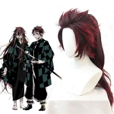Demon Slayer Tanjirou Kamado Red Black Long Cosplay Hair Wig Anime