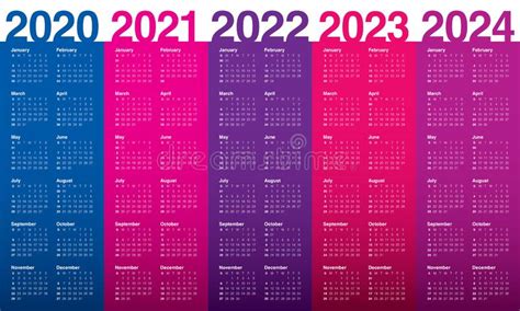 Year 2020 2021 2022 2023 2024 Calendar Vector Design Template Stock