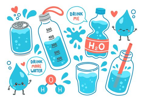 Drink More Water Set H2o Vector Illustration Cartoon Water Bottles