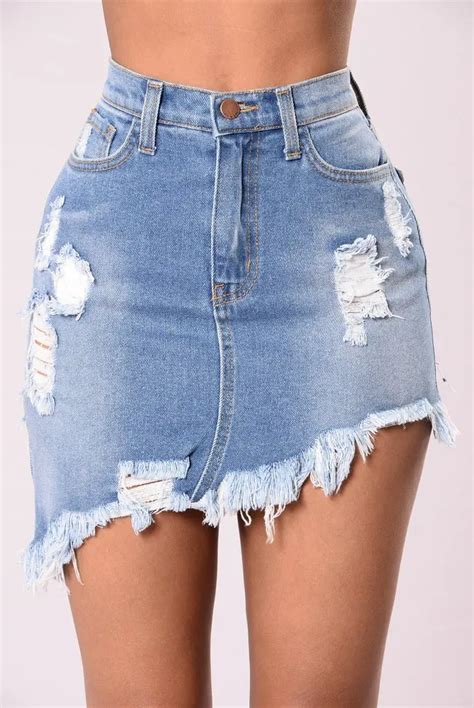 Denim Skirts Women High Waist Ripped Holes Blue Denim Skirt Pocket Bodycon Mini Jeans Skirts In