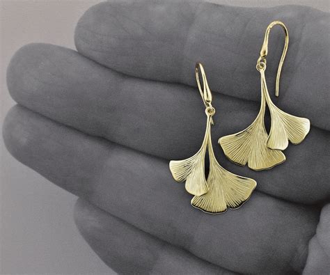 14k Double Ginkgo Leaf Earrings Solid Gold Leaf Dangles Etsy