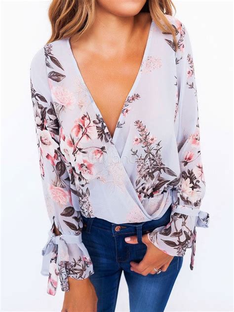 Light Blue Blouses V Neck Long Sleeve Chiffon Floral Print Bows Top For Women Trend Fashion
