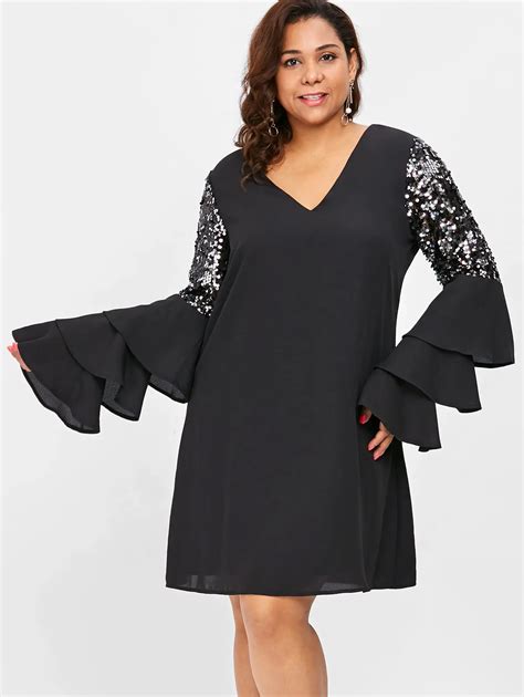 Wipalo Plus Size Tiered Flare Sleeve V Neck Long Sleeves Black Shift