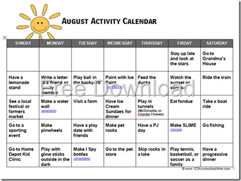 August Activity Calendar For Kids Kids Calendar Kids Summer Bucket