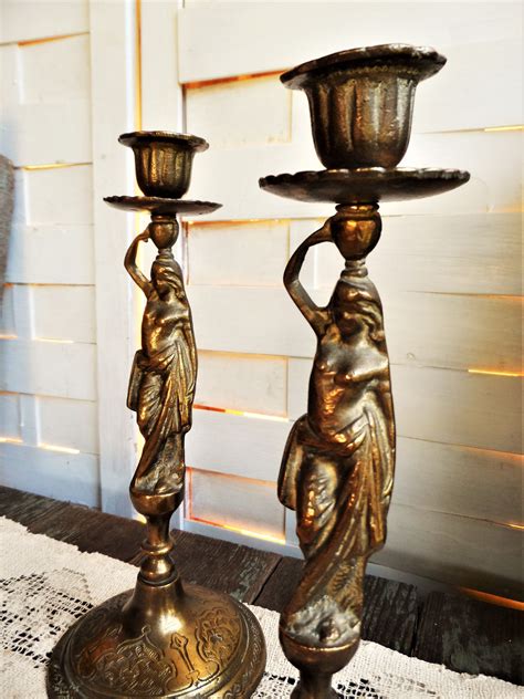 Vintage Art Nouveau Brass Candle Holders Candlestick Holder Etsy Brass Candle Holders